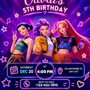 May include: A digital birthday invitation featuring three animated characters against a neon purple background with stars, hearts, and music notes. Text includes: JOIN US AS WE CELEBRATE Olivia's 5TH BIRTHDAY, SATURDAY DEC 20 AT 4:00 PM, 123 ANYWHERE ST., ANY CITY, RSVP TO MOM +123-456-7890, FOOD, MUSIC, GAMES, FUN, Hope to see you there!
