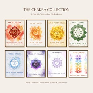 Op de afbeelding: Een set van acht printbare aquarel chakra prints getiteld The Chakra Collection. Elke print toont een specifiek chakrasymbool in de bijbehorende kleur, waaronder rood, oranje, geel, groen, blauw, indigo en violet, voorzien van tekst.
