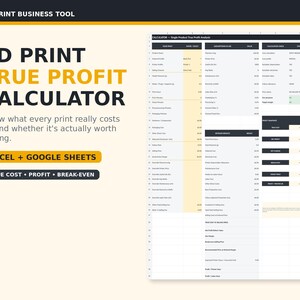 Könnte beinhalten: Ein 3D-Druck-Gewinnrechner als Tabellenkalkulation für Excel und Google Sheets. Die Benutzeroberfläche zeigt schwarzen und gelben Text auf hellem Hintergrund mit Spalten für Kostenanalyse, Gewinnspannen und Break-Even-Punkte für 3D-Druck.
