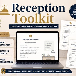 May include: A digital reception toolkit for hotel staff featuring a laptop displaying a welcome guest email template, alongside printed check-in scripts and guest communication templates. The design includes a service bell icon and text.