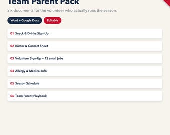 Editable Team Parent Organizer Pack, Snack Schedule, Roster, Volunteer Sign-Up (Digital Download)