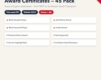 45 Baseball Softball Award Certificates, Editable MVP, Superlatives (PDF + Word)