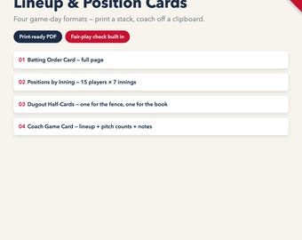 Baseball Softball Lineup Card, Batting Order, Fair Play Chart (PDF)