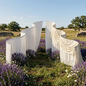 May include: Two tall, curved, white fabric room dividers standing in a field of purple lavender. The dividers feature vertical pleats and a draped, off-white lace overlay on the right section, creating a wave-like structure in an outdoor setting.