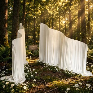 May include: Two tall, white, wavy fabric panels stand upright, creating a serpentine partition. A small, rectangular wooden sign with the text "HANDMADE DECOR" is positioned between the two fabric structures in a forest setting.