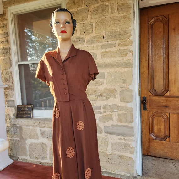 1940s Chocolate Linen Dress and Jacket, Georgiana… - image 5