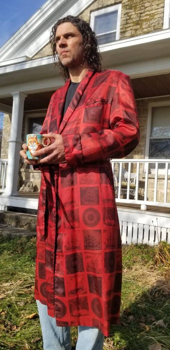 RARE! 1940s Men's Novelty Print Smoking Jacket Red