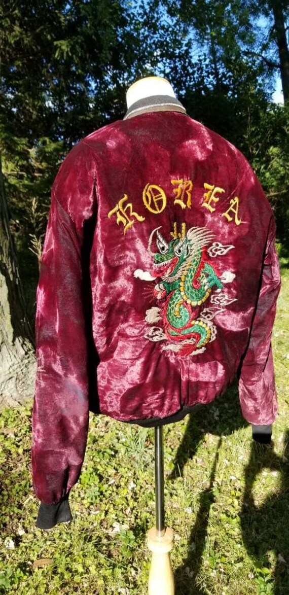 RARE Korea Sukajan Burgandy Bomber Jacket Velvet V