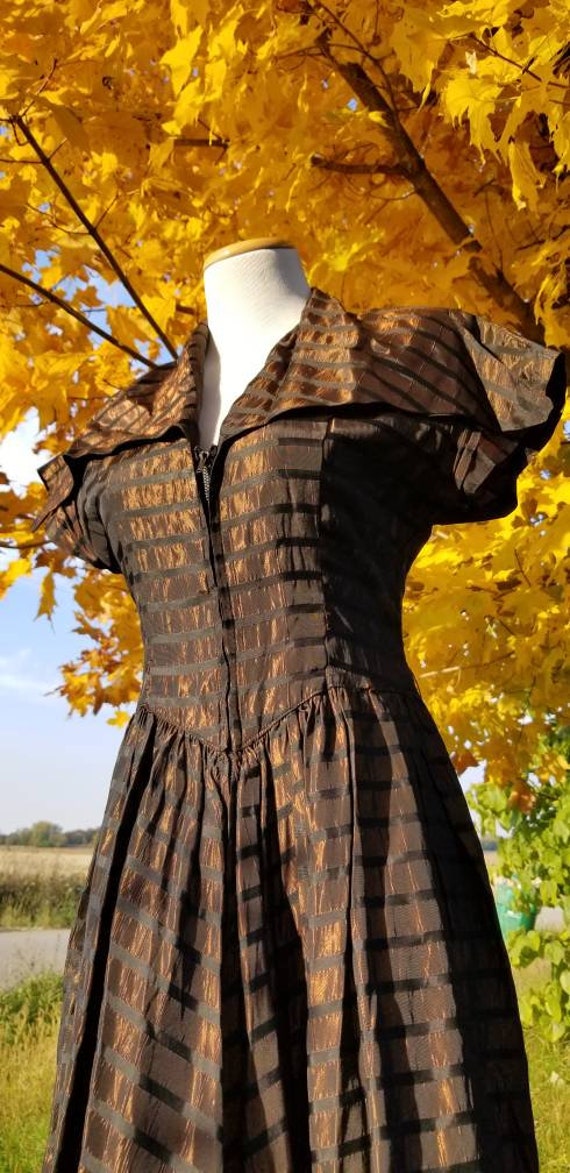 Copper 1940s Zipper Front Dress, Metallic Stripes