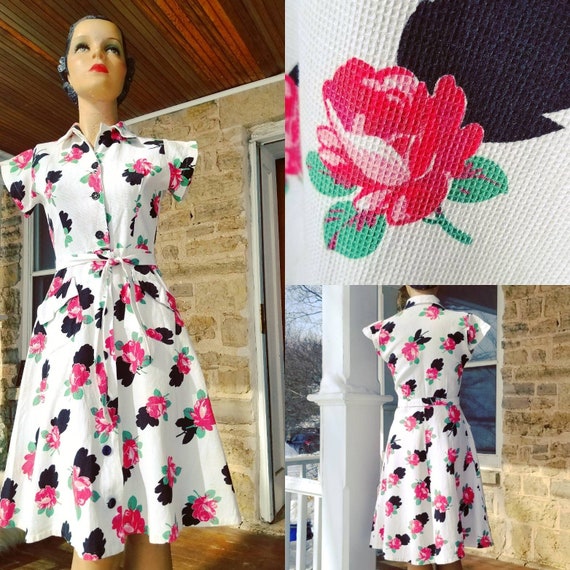 Authentic 1940s Red Roses Floral Cotton Day Dress