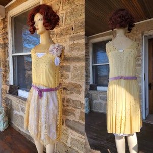 Authentic 1920s Rhinestone Limoncello Chiffon Lavender Velvet Dress S