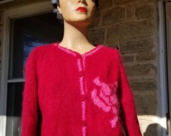 Vintage 1960s Italian-Made Cable-Knit Ruby Red Mohair Cardigan