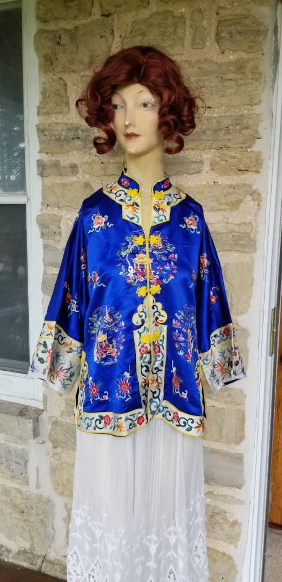 Vintage Cobalt Blue Embroidered Chinese Jacket, S-