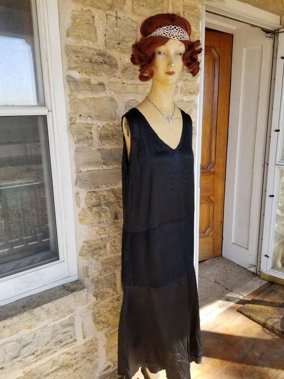 Authentic 1920s Black Silk Slip Dress XL True Vint