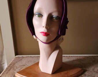 Jean Patou Plum Velvet Vintage Cloche Hat with Strap