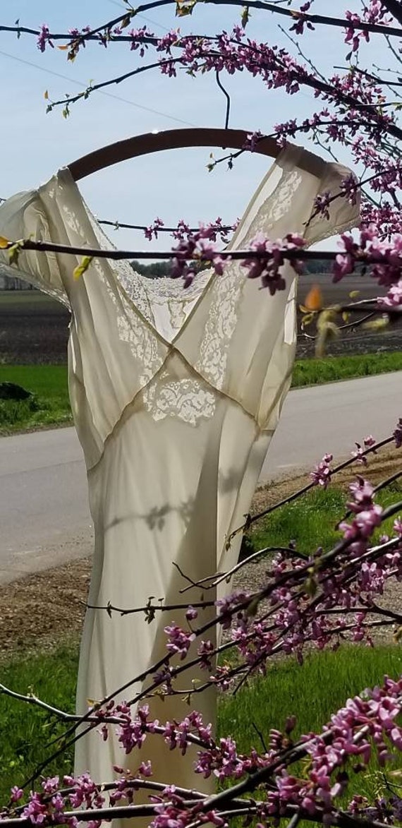 Authentic 1930s White Lace Silky Rayon Gown Dress