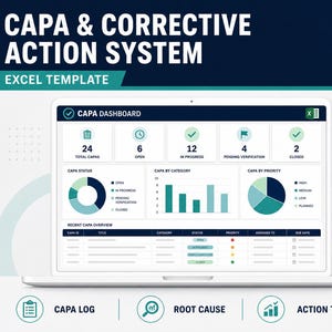 Könnte beinhalten: Ein Laptop-Bildschirm mit einem Excel-Vorlagen-Dashboard für ein CAPA- und Korrekturmaßnahmen-System. Die Benutzeroberfläche zeigt Datenvisualisierungen, darunter ein Ringdiagramm, ein Balkendiagramm sowie Statusmetriken für CAPA-Vorgänge.