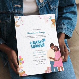 Peut inclure: Une carte d'invitation pour une fête prénatale avec des illustrations d'ours en peluche, de ballons, d'une licorne et d'un couple. Le texte indique : With cheerful hearts, Maanvita & Shaurya, We invite you to join us in showering the parents to be, BABY SHOWER, 17 June 2030, 7pm, 123 Anywhere St, Any City, ST 12345, RIMBERIO HOTEL.