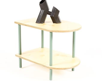 Modernist / Minimalist Plywood + Tubular Steel Rectangular Side Table — Low Shelf — Tier Collection