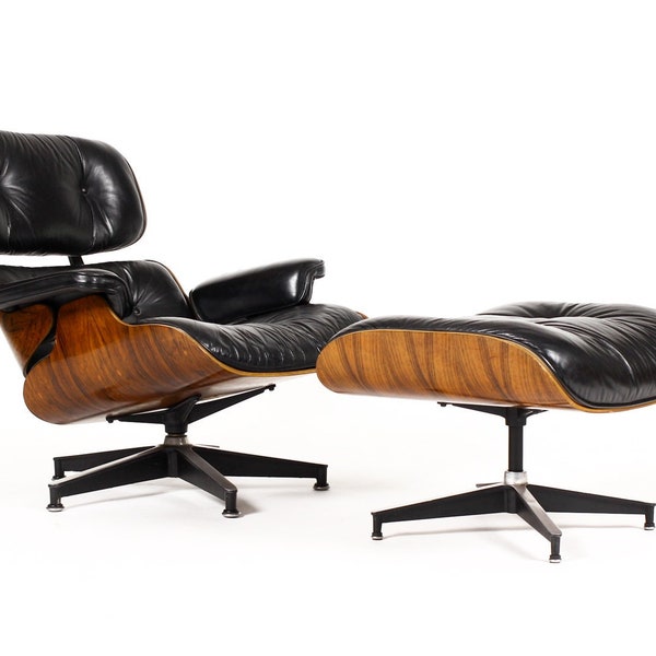 Mid Century Vintage Rosewood Lounge + Ottoman — Charles Eames for Herman Miller — 670 / 671 — Original Black leather