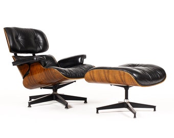 Mid Century Vintage Rosewood Lounge + Ottoman — Charles Eames for Herman Miller — 670 / 671 — Original Black leather