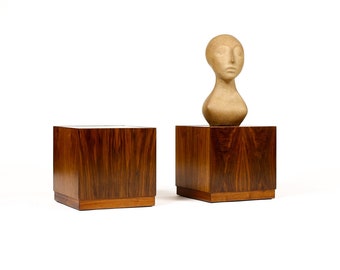 Mid Century Vintage Walnut Square Cube Pedestal End Tables — Milo Baughman Attributed — Pair