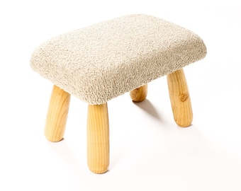 Custom Awassi Rectangular Ottoman / Footstool — Turned Fir legs — Camel Tan Bouclé