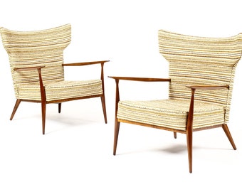 Mid Century Wingback Lounge Chairs by Paul McCobb for Directional — Walnut frames — Reupholstery Included — Pair