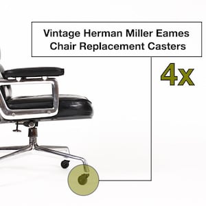 May include: Vintage Herman Miller Eames chair with black leather upholstery and a silver metal frame. The chair has armrests and a five-star base with casters. The image shows four replacement casters. Text on the image reads "Vintage Herman Miller Eames Chair Replacement Casters".