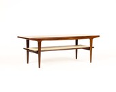 Danish Modern Mid Century Rectangular Coffee Table Teak Mahogany Cane Shelf