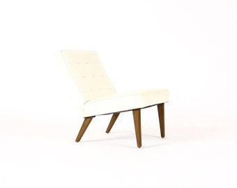 Danish Modern / Mid Century Vintage Low Lounge / Armless Slipper chair — Pearl White Tufted Vinyl - Teak Legs