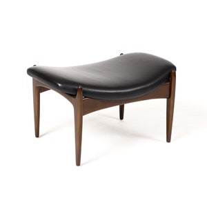 Danish Modern / Mid Century Mahogany Ottoman / Foot stool — Kofod Larsen for Selig — Black Leather