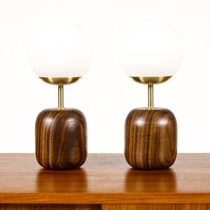 Studio Craft Walnut Table Lamps Lathe Turned with Glass Globe Brass Pair TL9 image 3