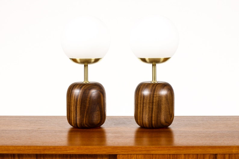 Studio Craft Walnut Table Lamps Lathe Turned with Glass Globe Brass Pair TL9 image 3