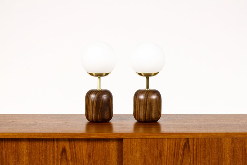 Studio Craft Walnut Table Lamps Lathe Turned with Glass Globe Brass Pair TL9 image 2