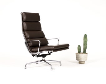 Vintage Mid Century Herman Miller High Back Soft Pad Lounge Chair — Charles Eames — Brown Leather