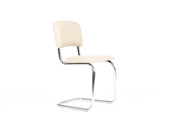 Vintage Mid Century Tubular Chrome Bauhaus Style Cantilever Accent Chair— Tan Leather