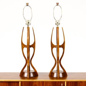 Mid Century Vintage Modeline Table Lamps — Walnut + Brass — Sculptural Form — Pair