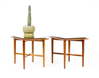 Mid Century Vintage Side / End Tables — Fine Art Furniture Co — Cherry Frame + Slate — Pair