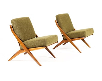 Danish Modern / Mid Century Walnut Scissor Lounge Chairs — Folke Ohlsson for Dux — Olive Bouclé
