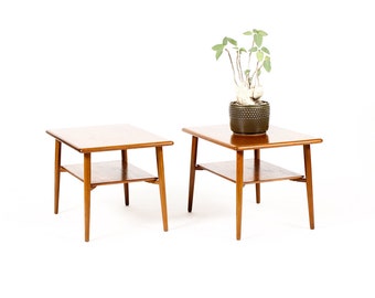 Danish Modern Mid Century Side / End Teak Tables —Svend Madsen — Storage Shelf —  Pair