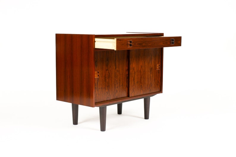 Danish Modern / Mid Century Compact Rosewood Credenza / Sideboard Sliding Doors Shallow Drawer image 6