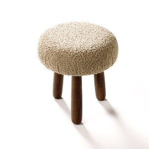 Custom Awassi Tripod Ottoman / Footstool Turned Walnut legs Camel Tan Bouclé image 1