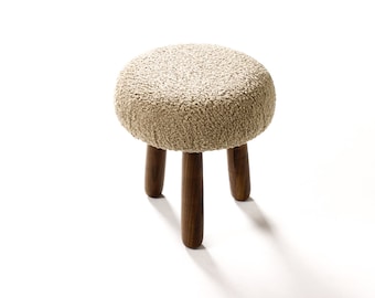 Custom Modernist Japandi Awassi Tripod Ottoman / Footstool — Turned Walnut legs — Camel Tan Bouclé