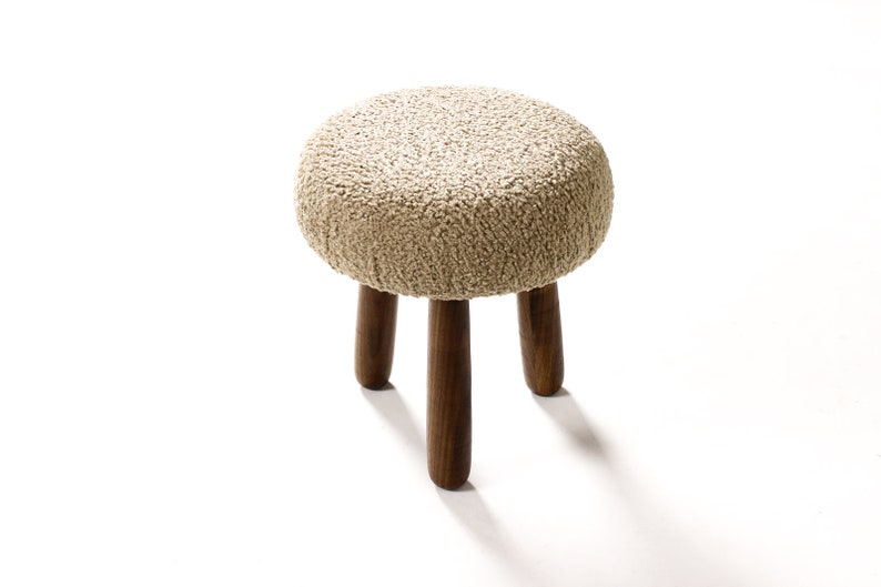 Custom Awassi Tripod Ottoman / Footstool Turned Walnut legs Camel Tan Bouclé image 1