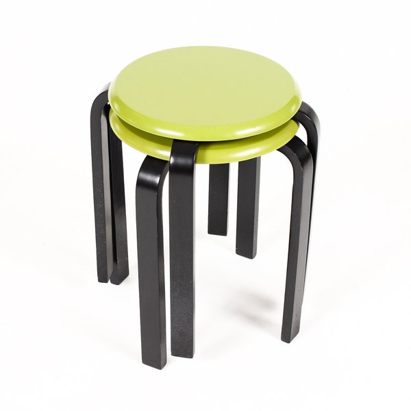 Vintage Mid Century / Post Modern Bentwood Stacking Stools — Lime Green + Black lacquer — Set of two