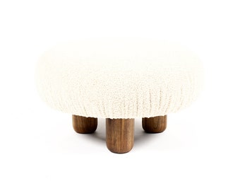 Custom Modernist Bolete Ottoman / Footstool — Turned Walnut legs — Stone Bouclé — Chunky / Low Profile