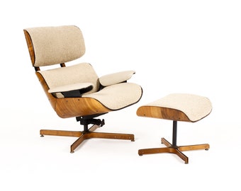 Vintage Mid Century Plycraft Walnut George Mulhauser Lounge Chair + Ottoman — Mr. Chair —Tan Bouclé