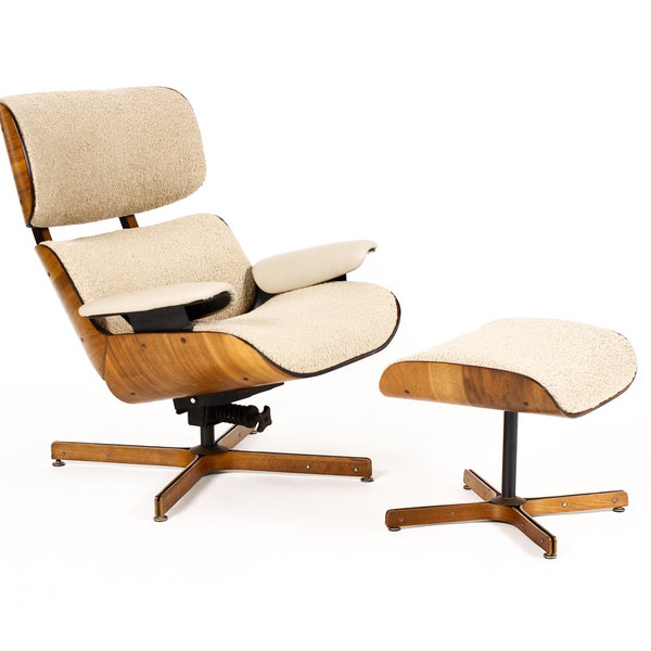 Vintage Mid Century Plycraft Walnut George Mulhauser Lounge Chair + Ottoman — Mr. Chair —Tan Bouclé