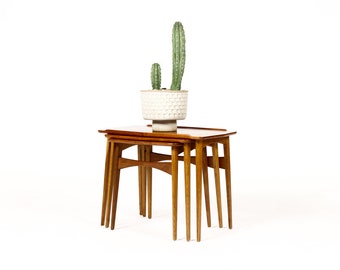 Danish Modern / Mid Century Vintage Teak + Oak Nesting Tables — Set of Three — Svend Aage Madsen